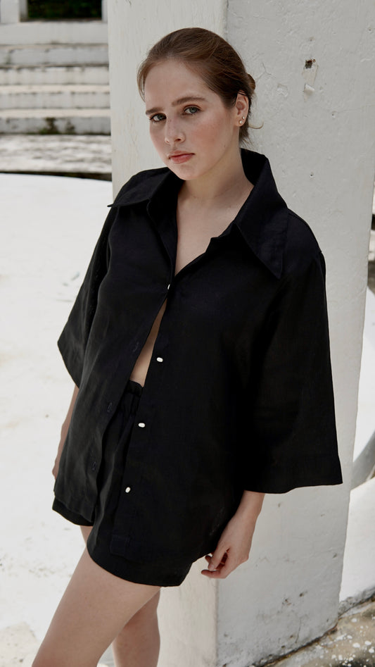 V DOMINICA BLOUSE BLACK HAT LINEN